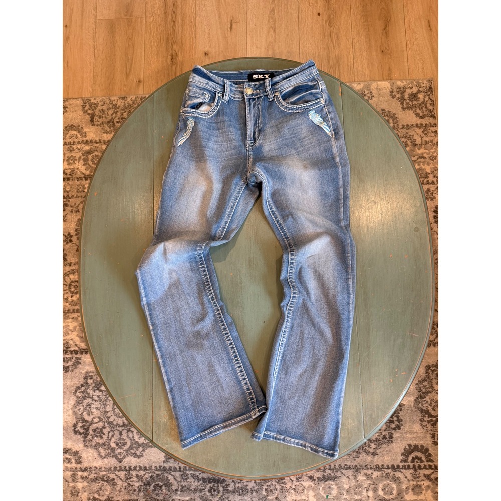 Sky Denim Blue Embroidered Winged Heart Bootcut Jeans Size 7/8 Rhinestone Y2K